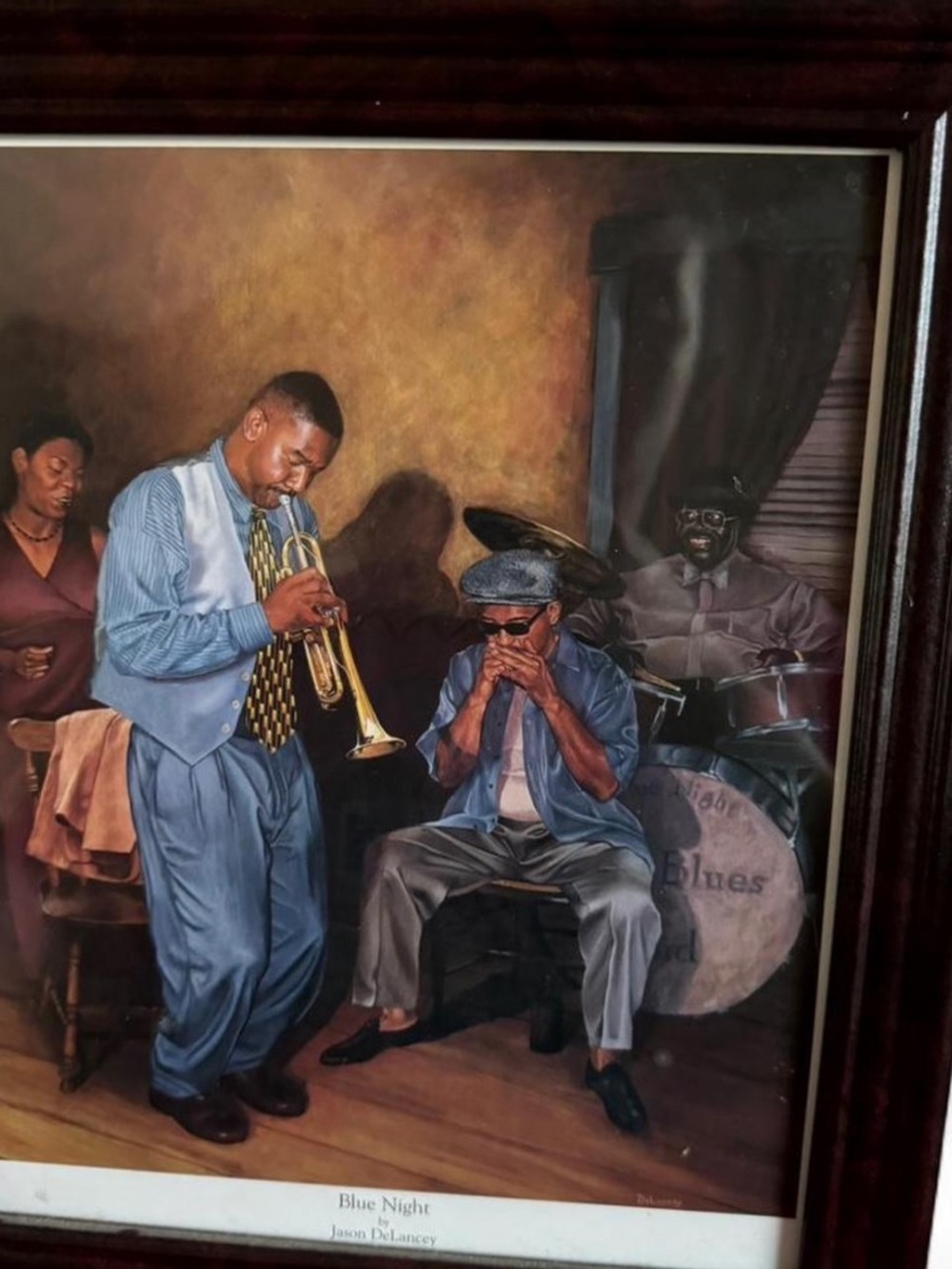 Two Vintage "Blue Night" Framed Jazz Art Print - Blue Tones